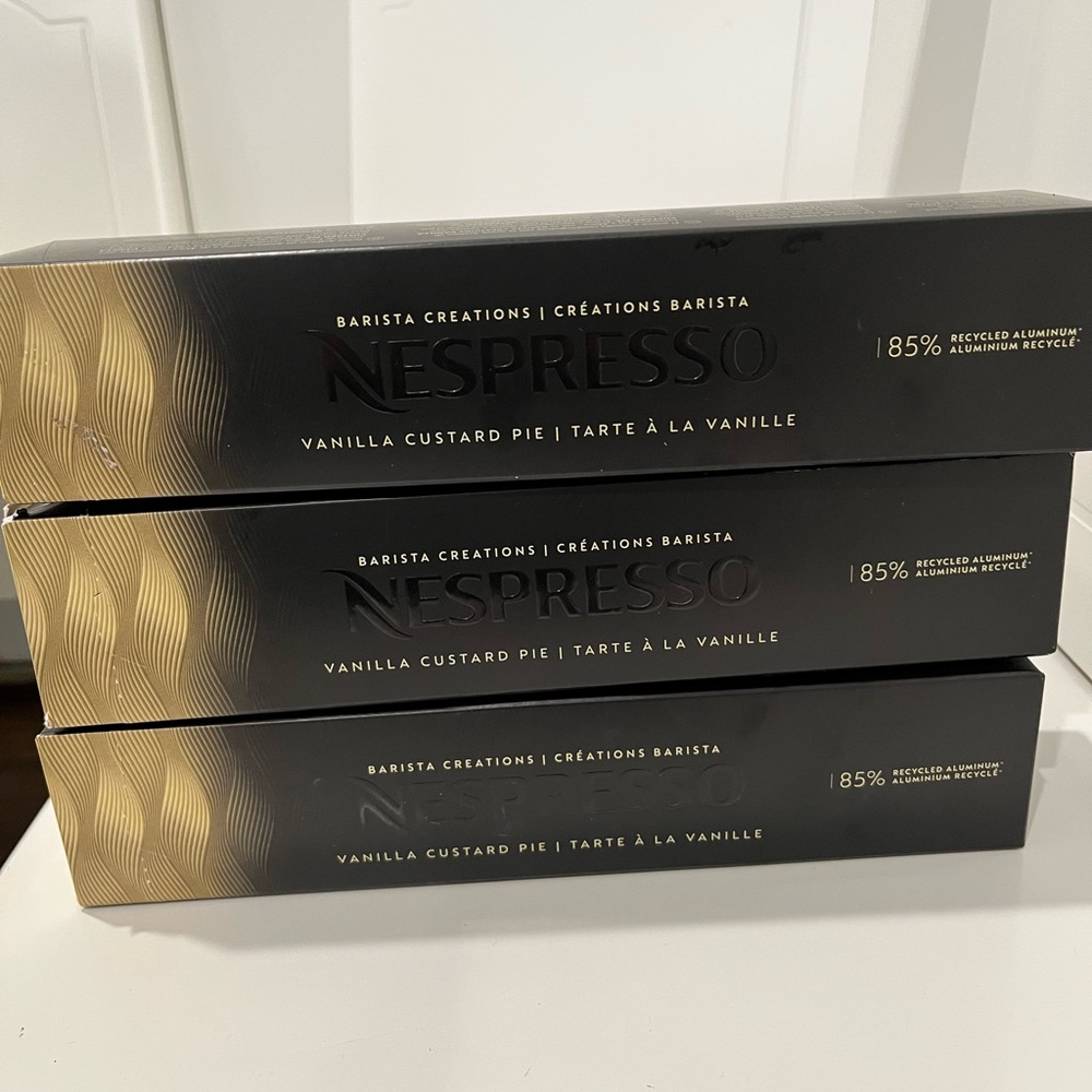 Three new boxes Nespresso Vertuo Vanilla Custard Pie coffee capsules.